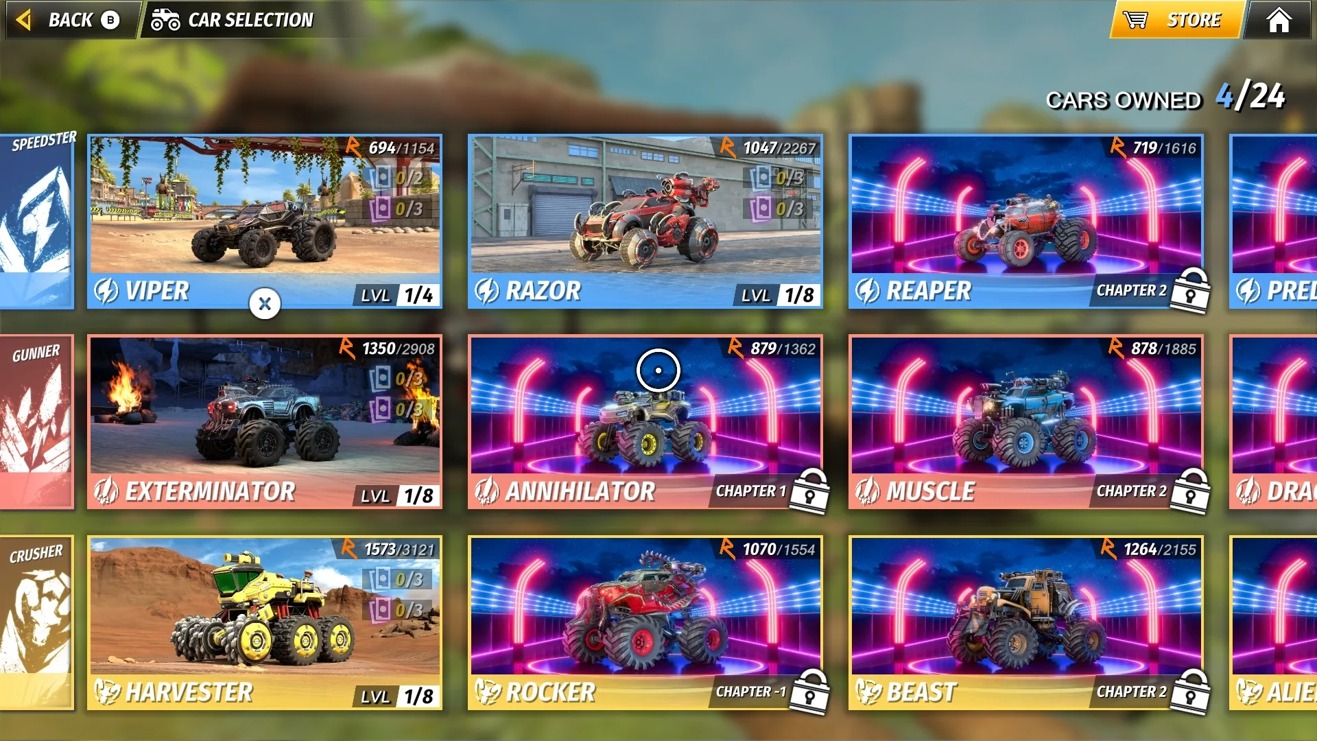 Car selection — 22 vehicles